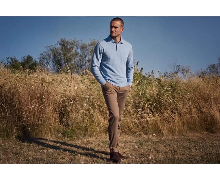 Men's sky blue mélange long sleeve cotton piqué polo - ALEC II ML
