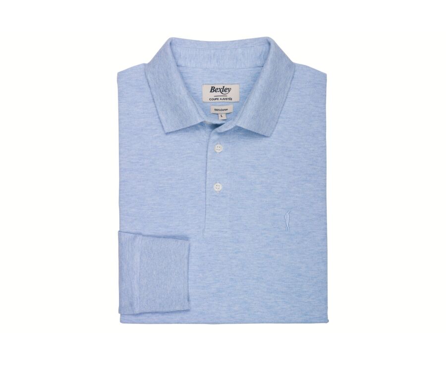 Men's sky blue mélange long sleeve cotton piqué polo - ALEC II ML
