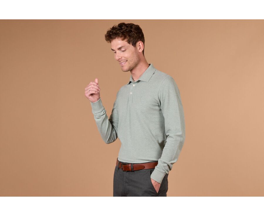Men's lime green mélange long sleeve cotton piqué polo - ALEC II ML