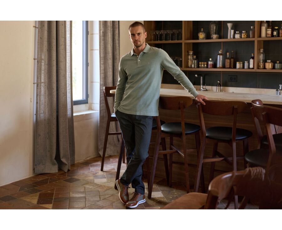 Men's lime green mélange long sleeve cotton piqué polo - ALEC II ML