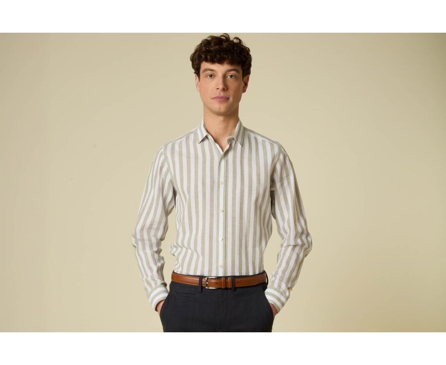 Cotton and linen striped shirt in linden green and white - BRUNIEN