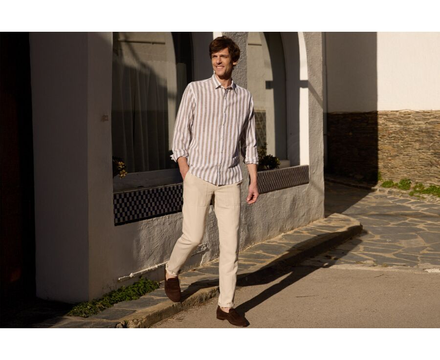 Khaki and White striped cotton linen shirt - BRUNIEN