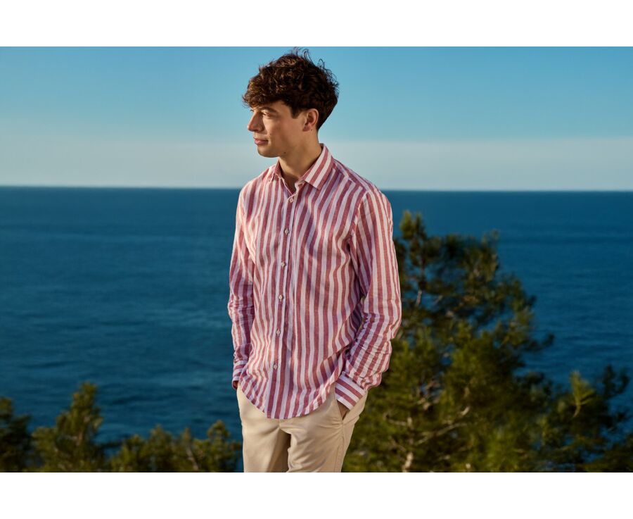 Cotton and linen striped shirt in Basque red and white - BRUNIEN