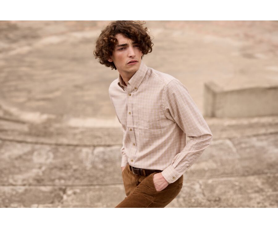 Beige and White Cotton Shirt - American collar - VALDEN