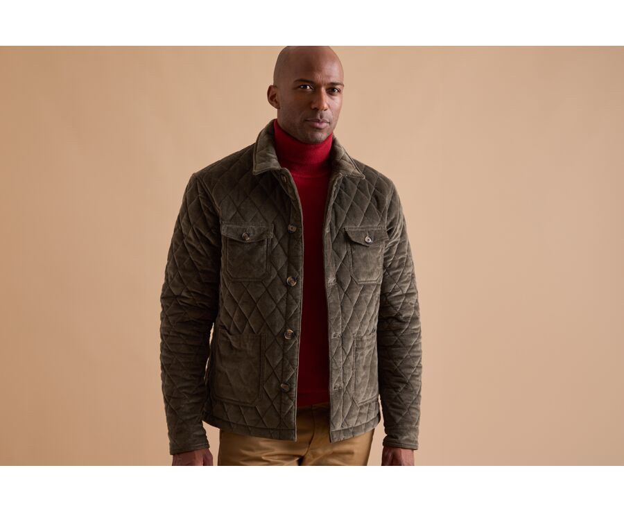 Men's Dark Olive Velvet Quilted Jacket - FILIBERT