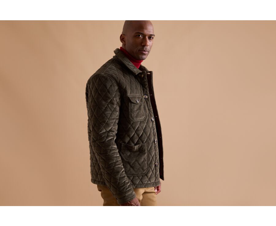 Men's Dark Olive Velvet Quilted Jacket - FILIBERT