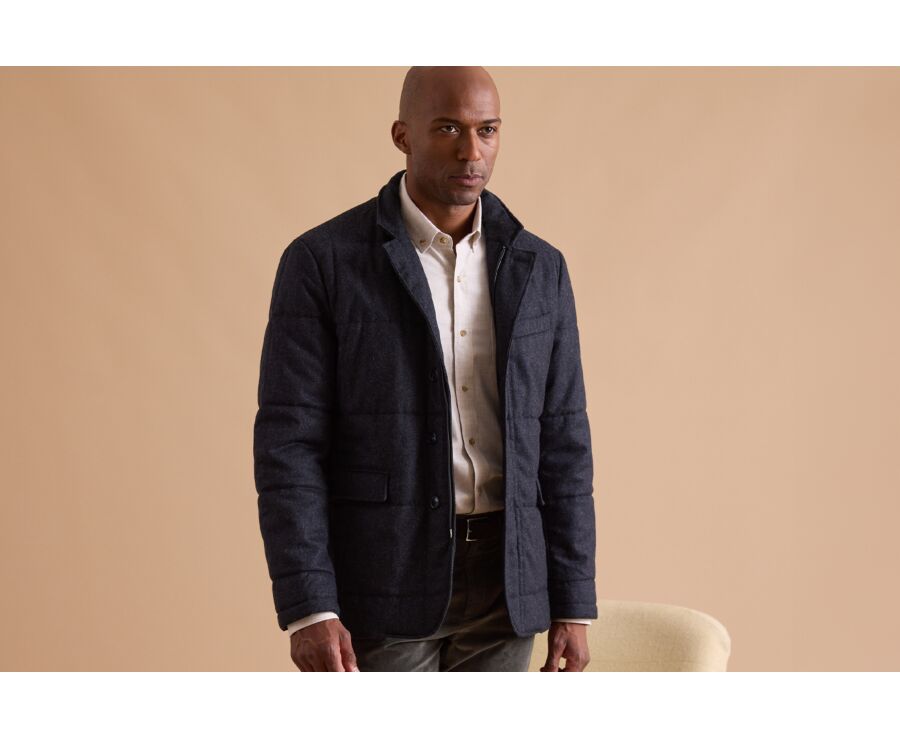 Dark Blue Melange Quilted Jacket - THÉOPHILE