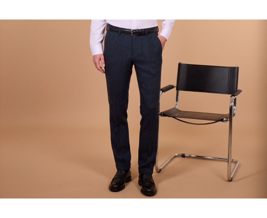 Men's herringbone tweed suit trousers in navy - LAURIAN