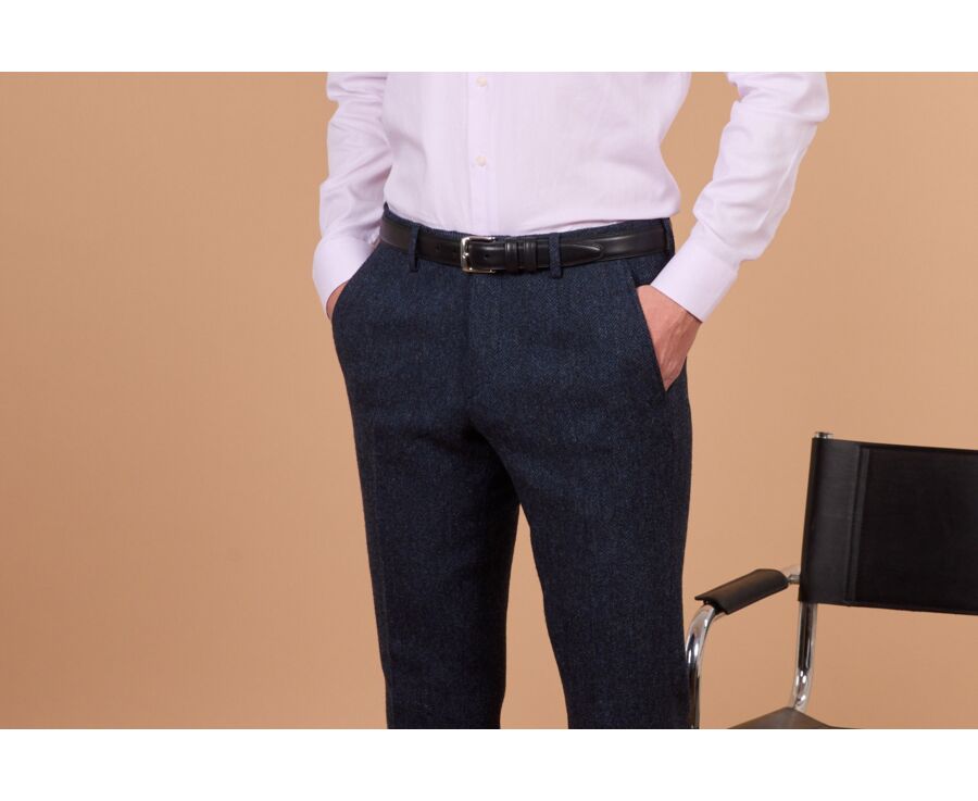 Men's herringbone tweed suit trousers in navy - LAURIAN