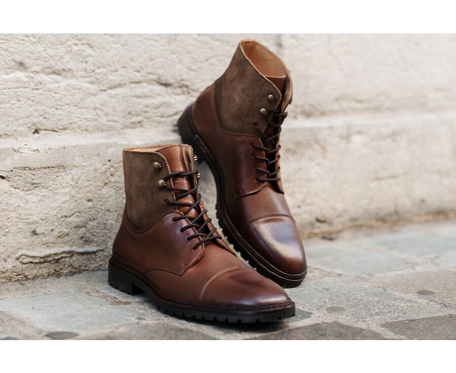 Patinated Cognac and Taupe lace-up Boots Derby shoes - IRVING II GOMME