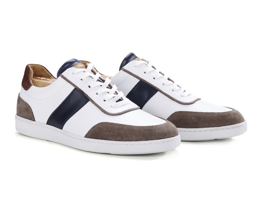 White Chocolate and Navy Men's leather Trainers - BALLAARA