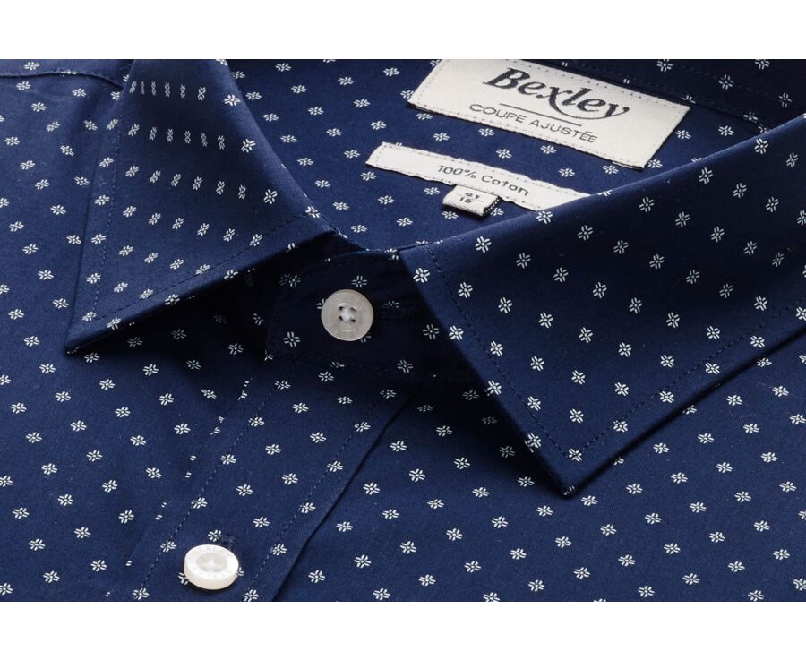 Navy Blue shirt with white prints - Straight collar - ALPHIDE