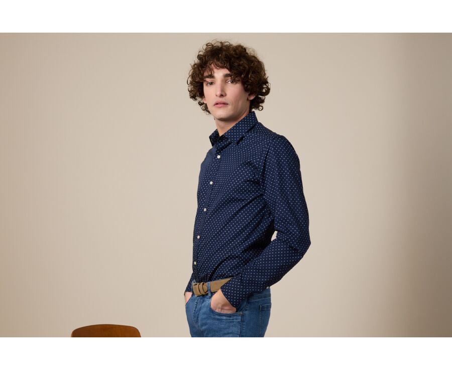 Navy Blue shirt with white prints - Straight collar - ALPHIDE