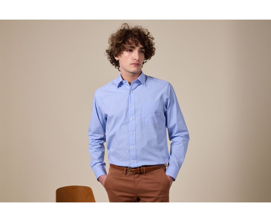 Blue printed shirt - white stripes - Straight collar - BERTHOD