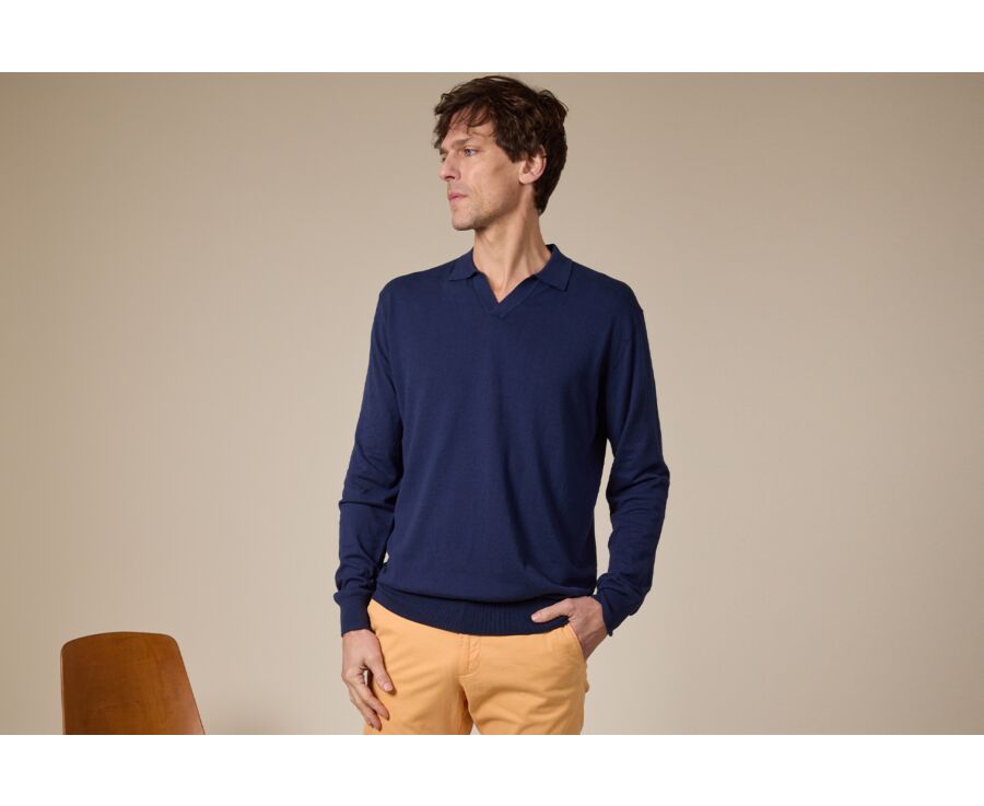 Men's Sweater with Polo Collar, Navy Denim - BRAVLIN