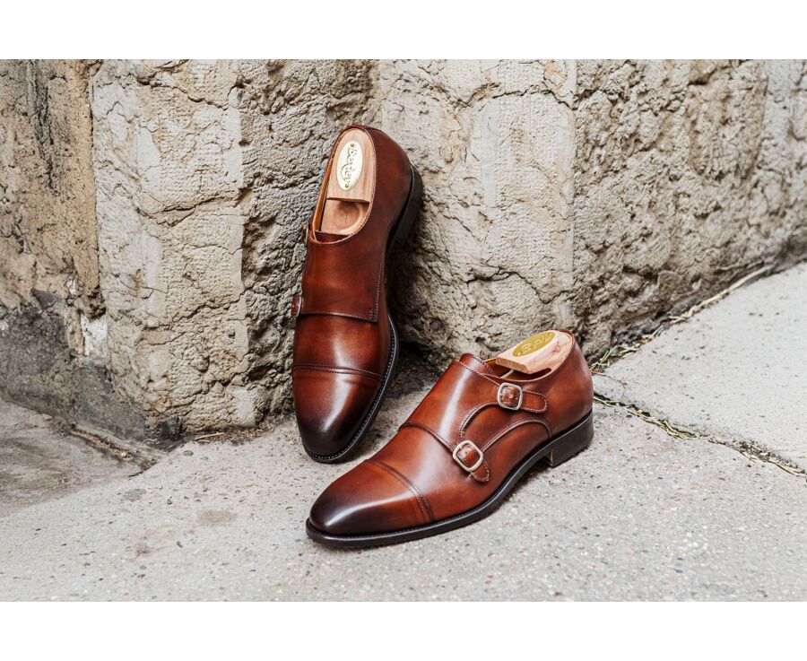 Men’s Double Monk Strap Shoes Cognac Patina - LANGFORD