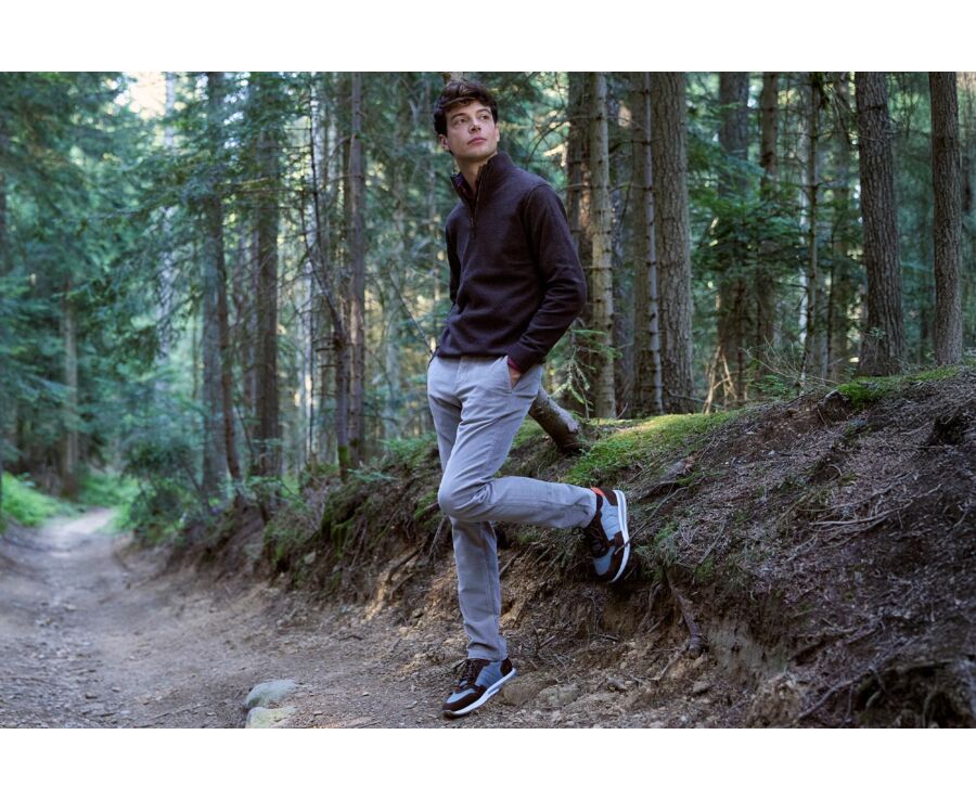 Dark Chocolate and Dark Heather Blue  half-zip wool jumper - KEYDEN II