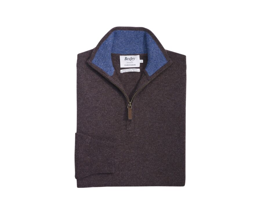 Dark Chocolate and Dark Heather Blue  half-zip wool jumper - KEYDEN II