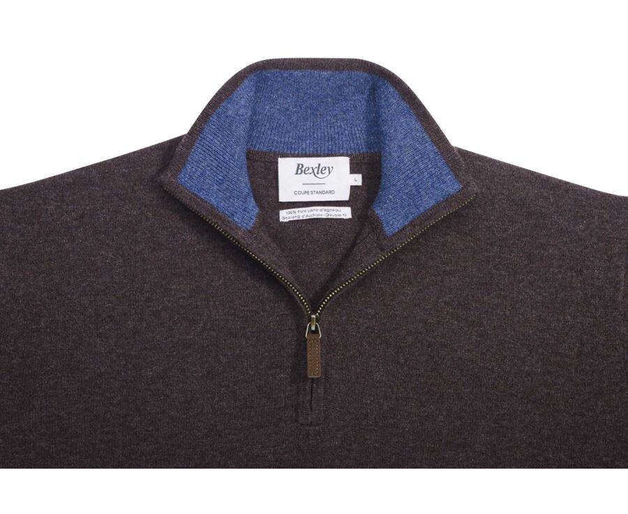 Dark Chocolate and Dark Heather Blue  half-zip wool jumper - KEYDEN II