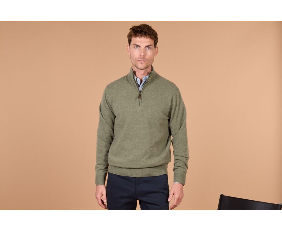 Men's two-tone eucalyptus and taupe lambswool zip jumper - KEYDEN II