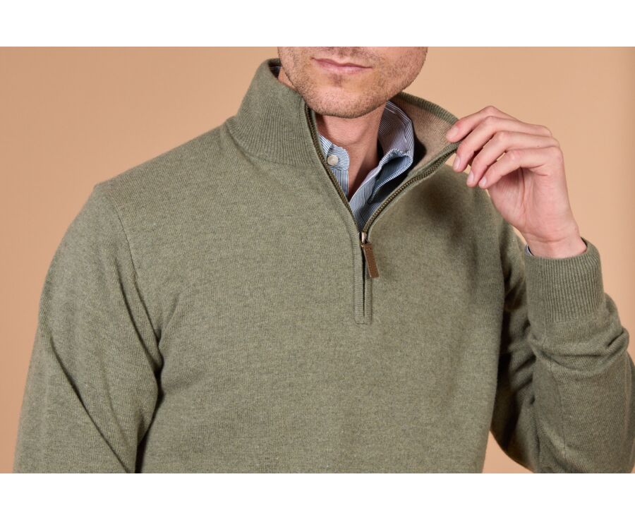 Men's two-tone eucalyptus and taupe lambswool zip jumper - KEYDEN II