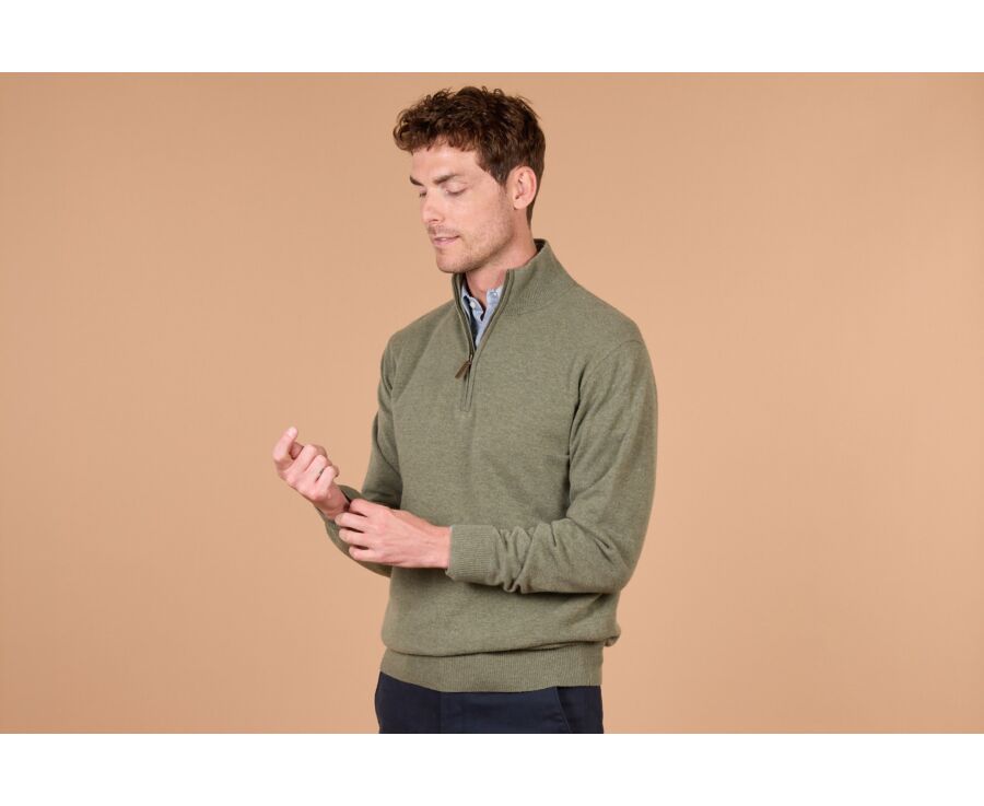 Men's two-tone eucalyptus and taupe lambswool zip jumper - KEYDEN II
