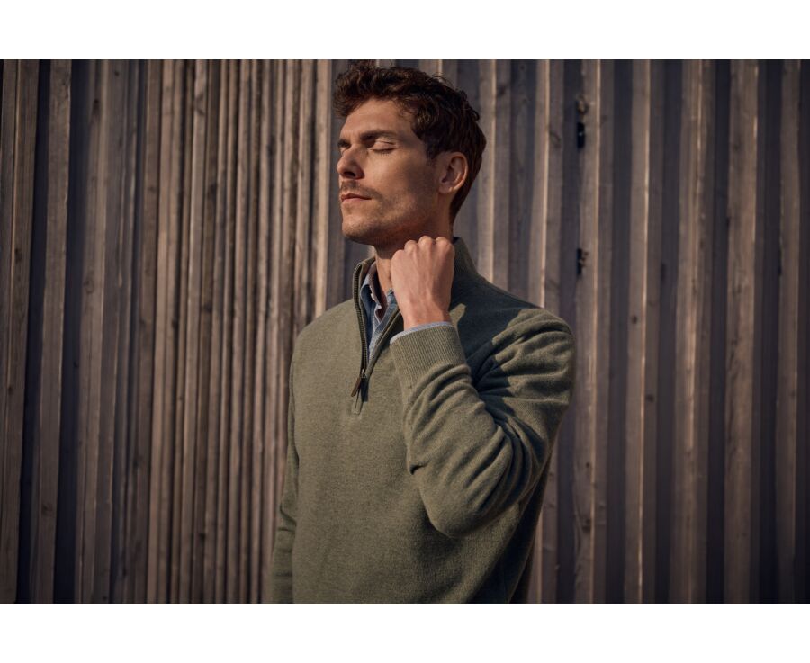 Men's two-tone eucalyptus and taupe lambswool zip jumper - KEYDEN II
