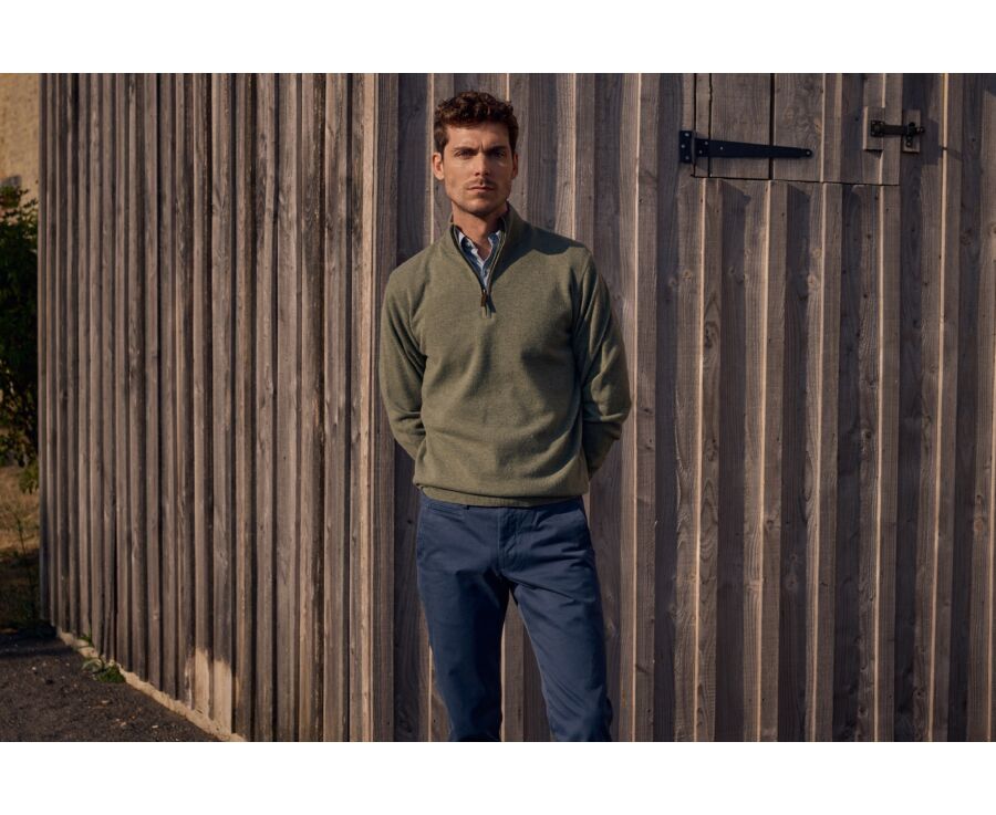 Men's two-tone eucalyptus and taupe lambswool zip jumper - KEYDEN II