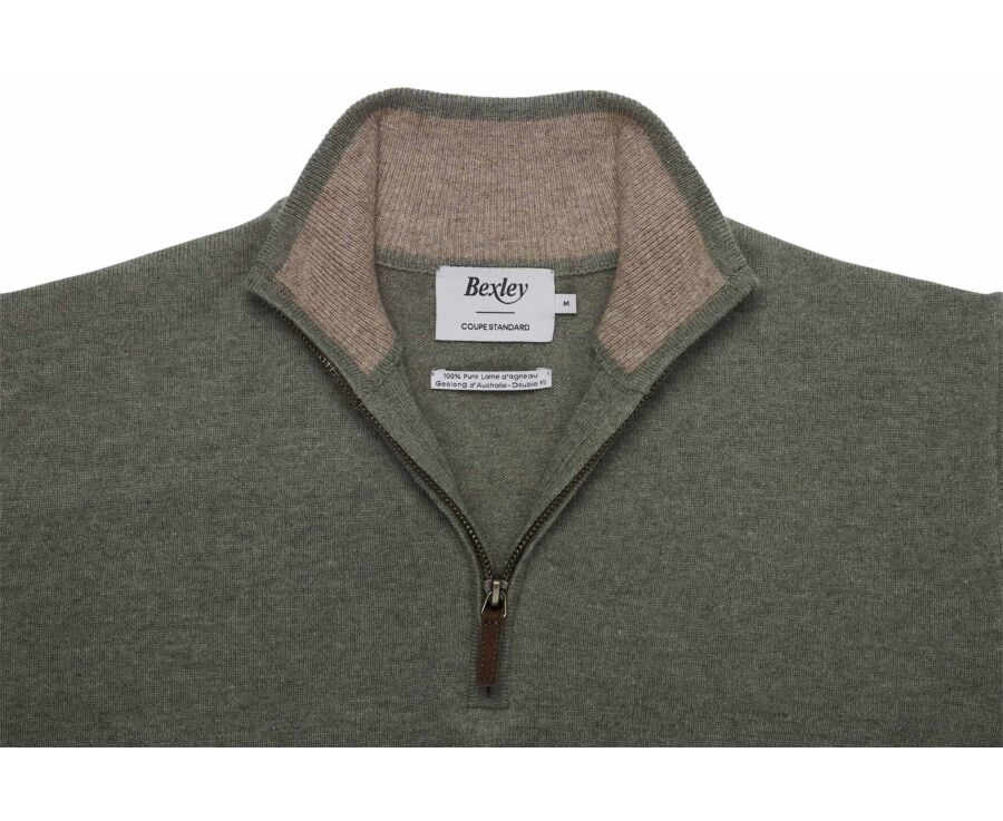 Men's two-tone eucalyptus and taupe lambswool zip jumper - KEYDEN II