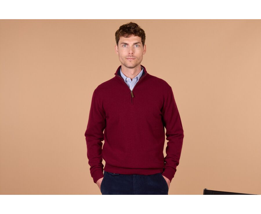 Men's two-tone burgundy and navy lambswool zip jumper - KEYDEN II