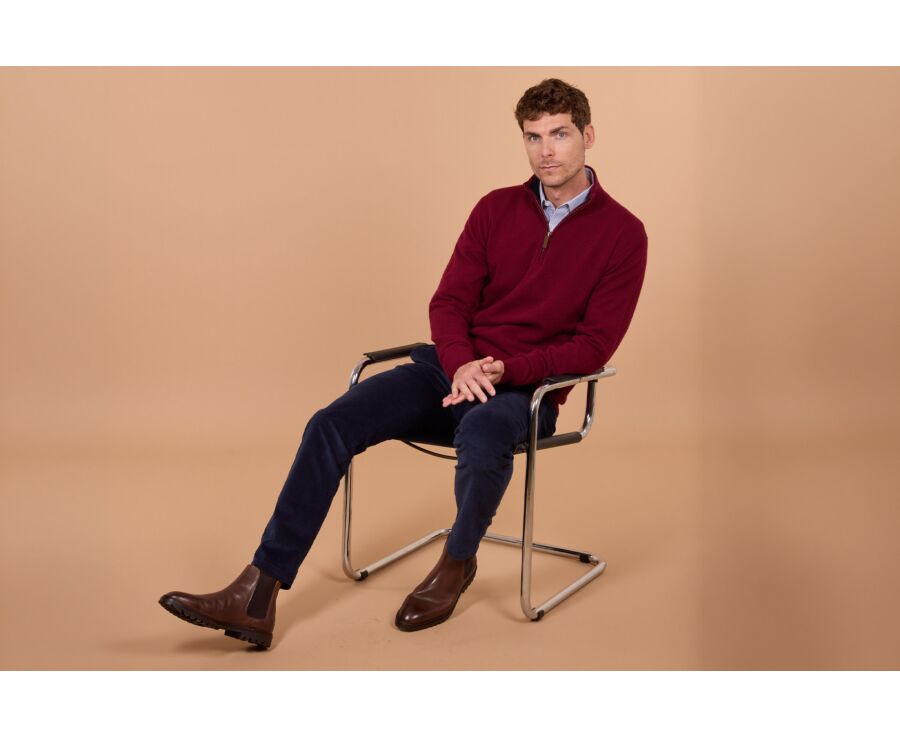 Men's two-tone burgundy and navy lambswool zip jumper - KEYDEN II