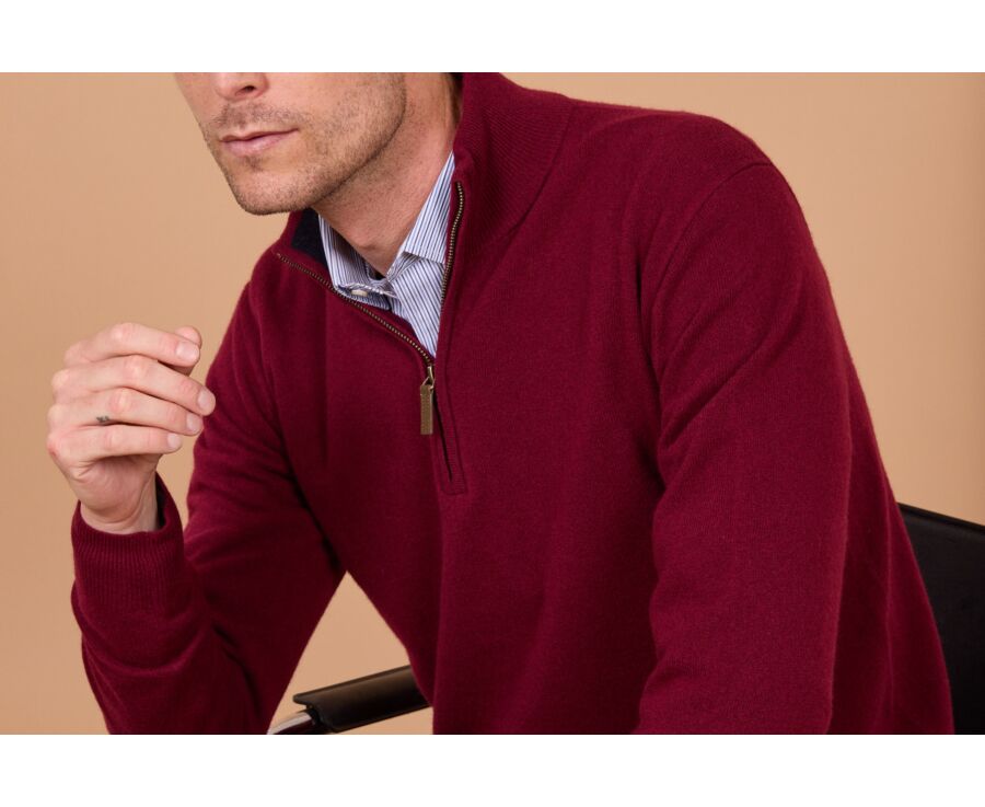 Men's two-tone burgundy and navy lambswool zip jumper - KEYDEN II