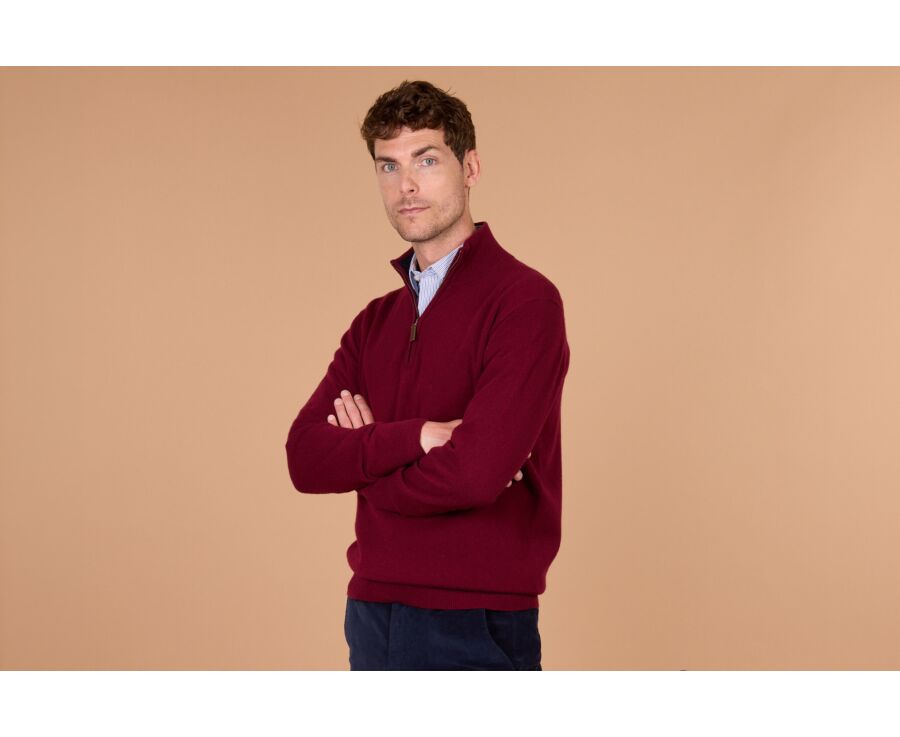 Men's two-tone burgundy and navy lambswool zip jumper - KEYDEN II