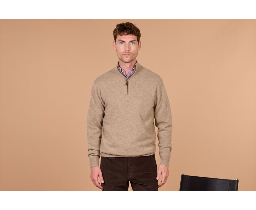 Men's two-tone taupe and dark blue lambswool zip jumper - KEYDEN II