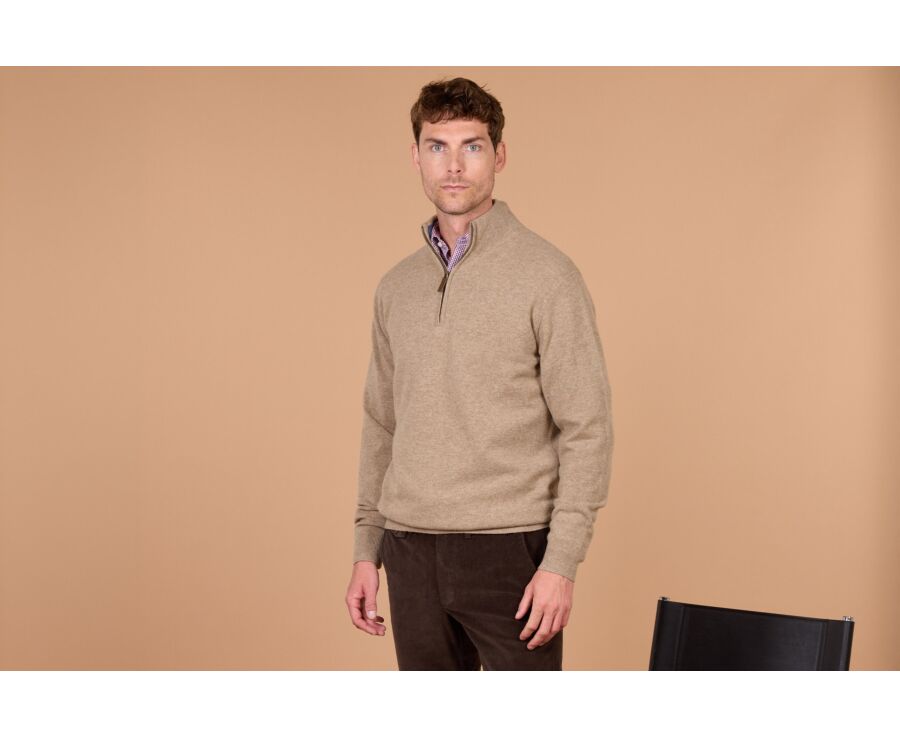 Men's two-tone taupe and dark blue lambswool zip jumper - KEYDEN II