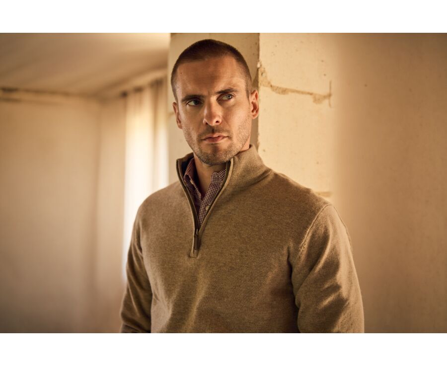 Men's two-tone taupe and dark blue lambswool zip jumper - KEYDEN II