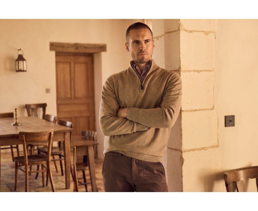 Men's two-tone taupe and dark blue lambswool zip jumper - KEYDEN II