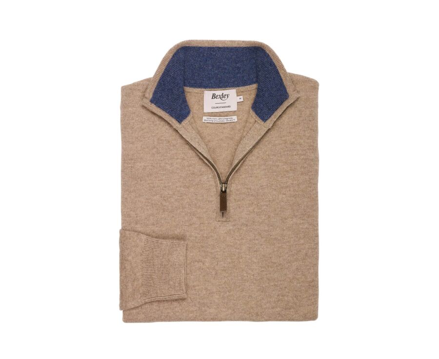 Men's two-tone taupe and dark blue lambswool zip jumper - KEYDEN II