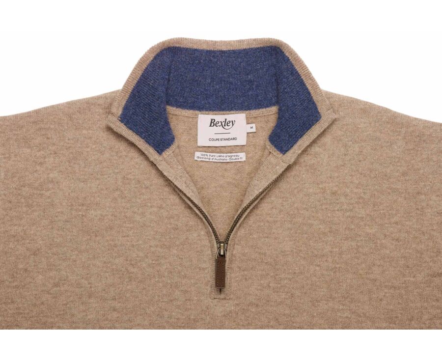 Men's two-tone taupe and dark blue lambswool zip jumper - KEYDEN II