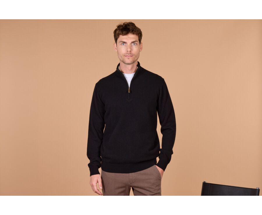 Men's two-tone black and taupe mélange lambswool zip jumper - KEYDEN II