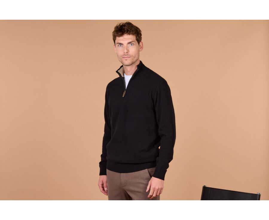 Men's two-tone black and taupe mélange lambswool zip jumper - KEYDEN II