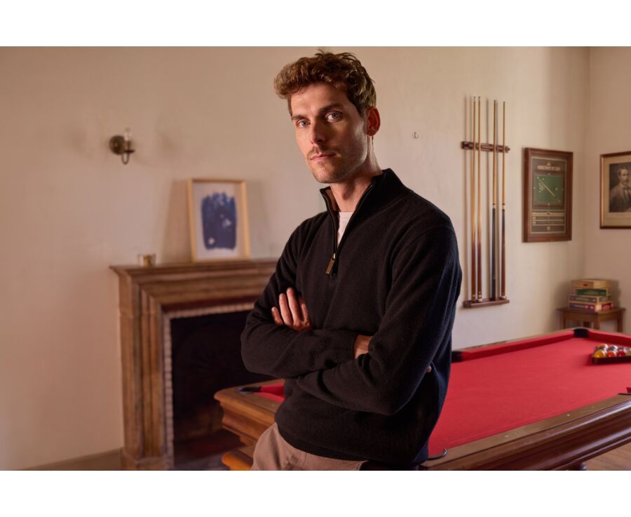Men's two-tone black and taupe mélange lambswool zip jumper - KEYDEN II