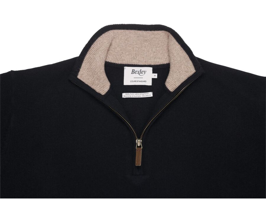 Men's two-tone black and taupe mélange lambswool zip jumper - KEYDEN II