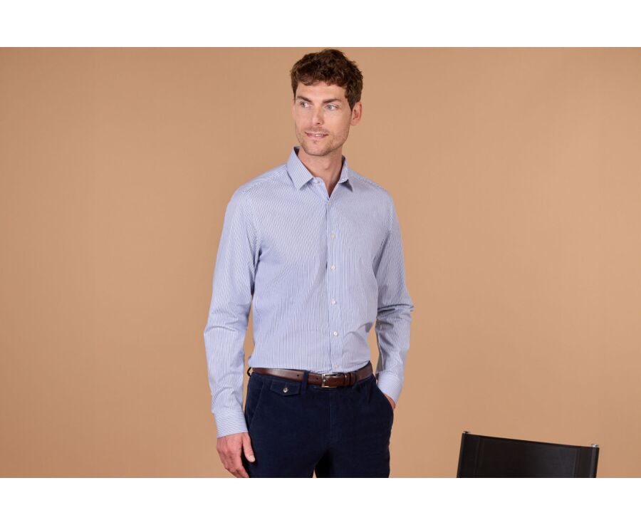 Men's fine navy and blue striped shirt - FLORIEN