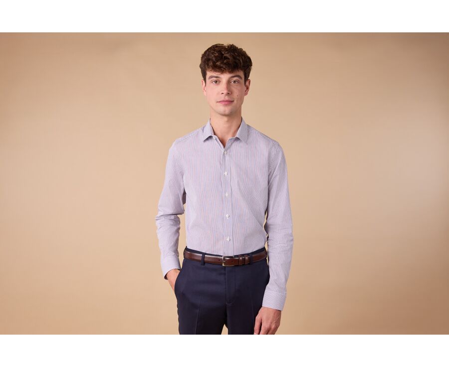 Men's poplin shirt – Blue and burgundy stripes - FLORIEN