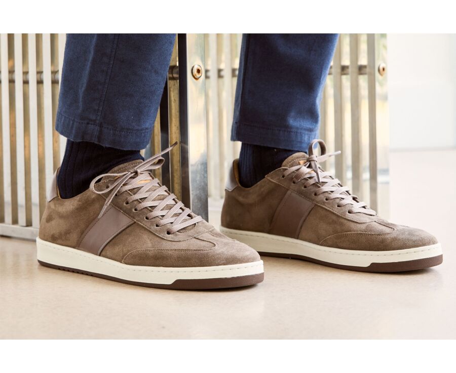 Men’s leather sneakers – Taupe suede and brown - NANGKITA
