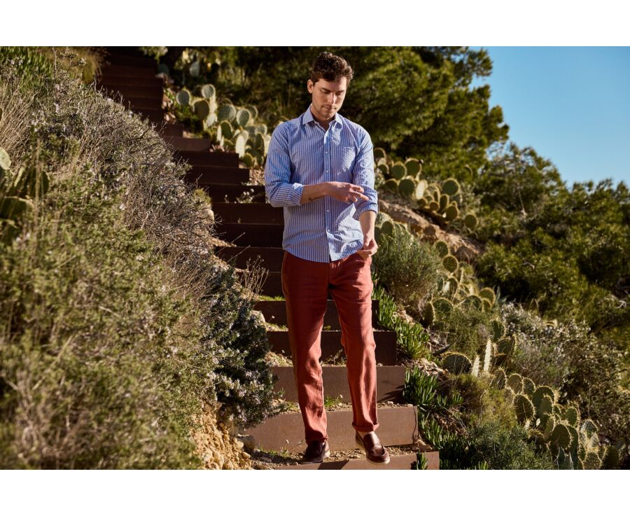 Men’s blue shirt with fine white stripes - FOLBERT