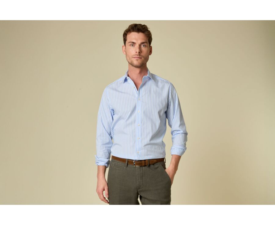 Men’s soft blue shirt with fine white stripes - NIZIER