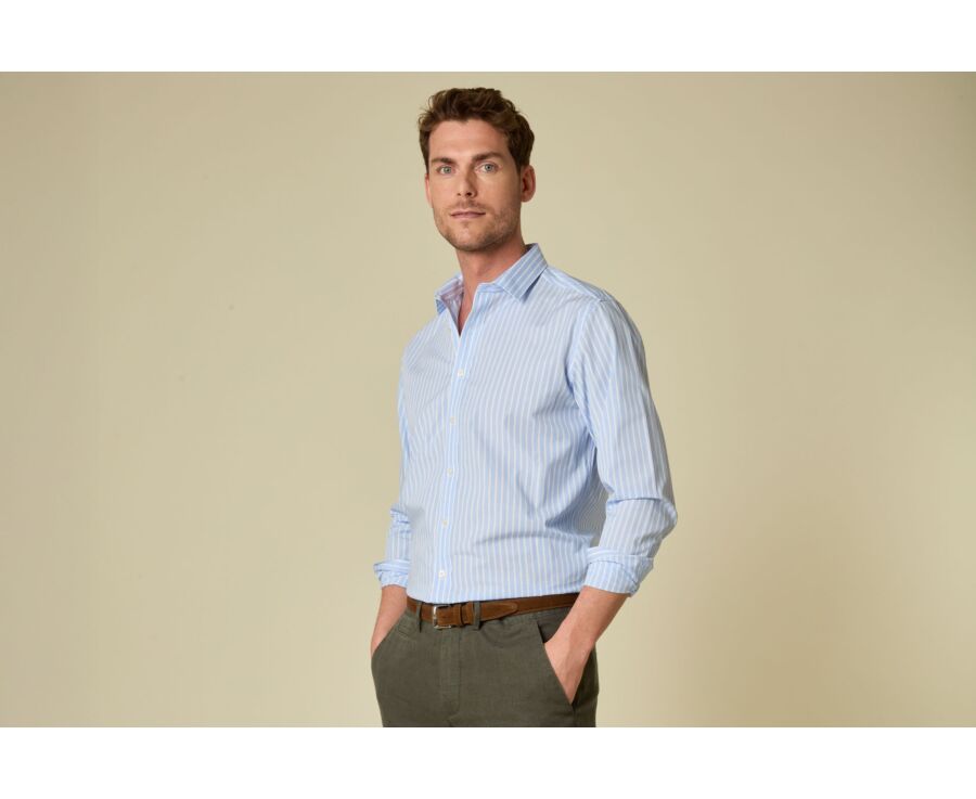 Men’s soft blue shirt with fine white stripes - NIZIER