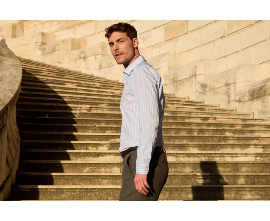 Men’s soft blue shirt with fine white stripes - NIZIER